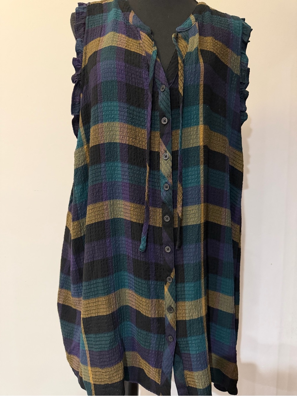 Torrid:  Sleeveless Plaid Button-Front Women's Top in Teal, Purple & Mustard